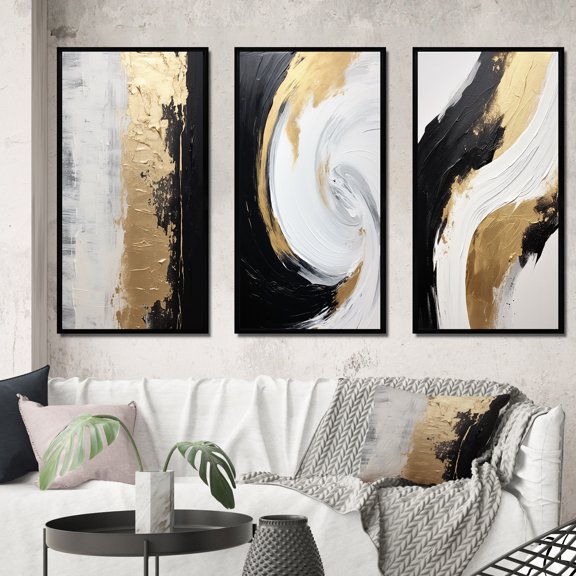 Designart "Alchemical Essence Abstract in Gold and Black II" Abstract Painting Framed Wall Art Set Of 3 - Gold Modern Frame Canvas Set For Living Room Decor