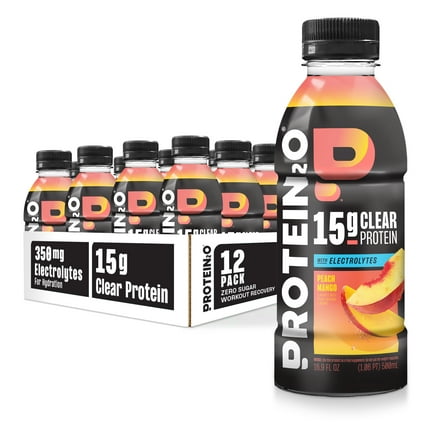 Protein2o 15g Whey Protein Isolate Hydration Drink, 350mg of Electrolytes, Vitamins B5 & B6, Low Sugar, Peach Mango, 16.9 oz Bottle (Pack of 12)