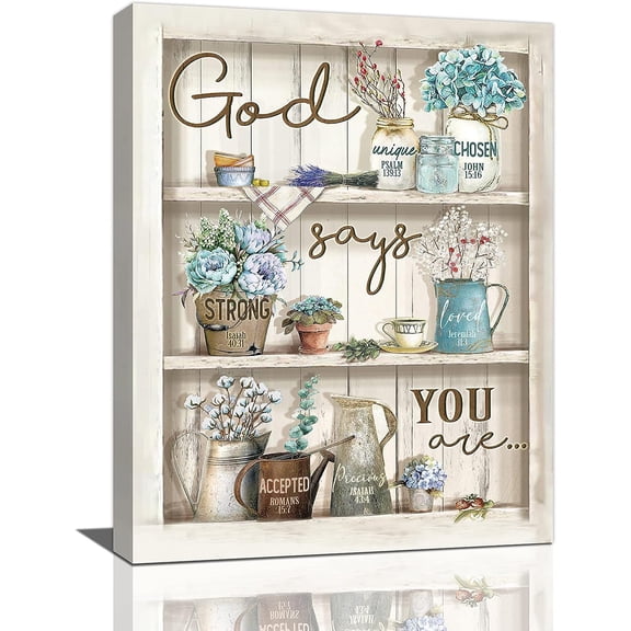 Hydrangea Wall Art Floral Bible Verses Wall Decor God Says You Are Flowers Pictures Canvas Print Christian Rustic Painting Artwork For Bathroom Kitchen Bedroom Office Framed 12"x16"