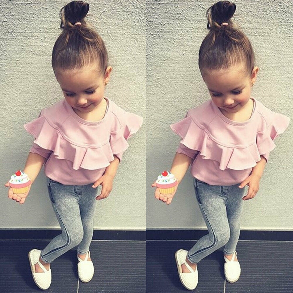 Pretty Toddler Kids Girl Denim Pants Clothes 2 Pieces Set Butterfly Collar  Long Sleeve Pink T Shirts Tops +Jeans Trousers Outfits Newest | Walmart  Canada