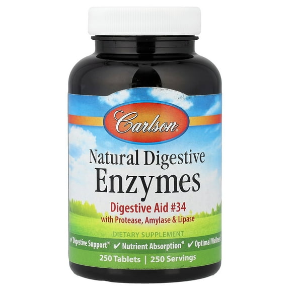 Carlson Natural Digestive Enzymes with Protease, Amylase & Lipase, 250 Tablets