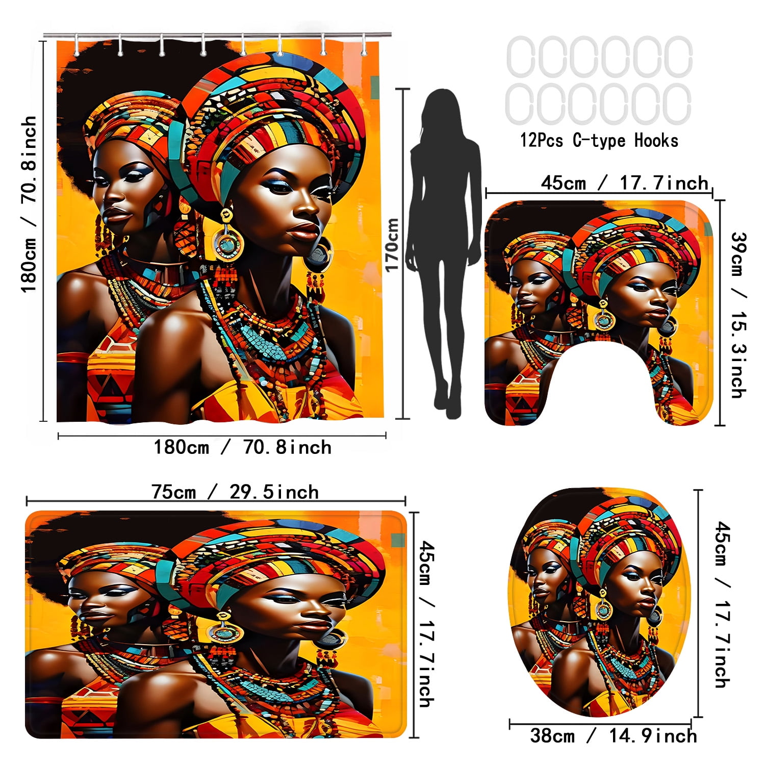 LVRLVR 1/4 Vibrant African Cultural Heritage Fabric Shower Curtain Rug Set - Black Girl Bath Mat Bathroom Decoration,Brown, 70.8" × 70.8"