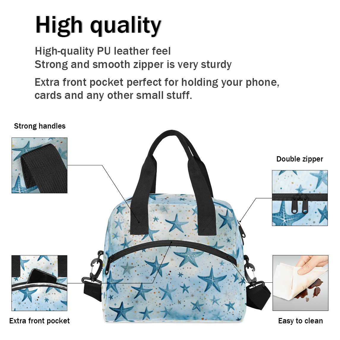 Herdesigns Blue Starfish Insulated Lunch Bag for Women Men Adults Large Reusable Lunch Box Leakproof Portable Cooler Tote Bags with Adjustable Shoulder Strap
