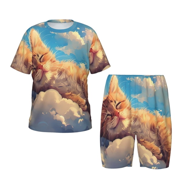 Balery Cloud Sleeping Cat Conjunto de Pijama Infantil de Manga Corta con Estampado – Ropa de Dormir de Algodón Suave-Small