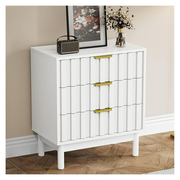 3 Drawer Nightstand, Modern Fluted Chest of Drawers, White Bedroom Dresser