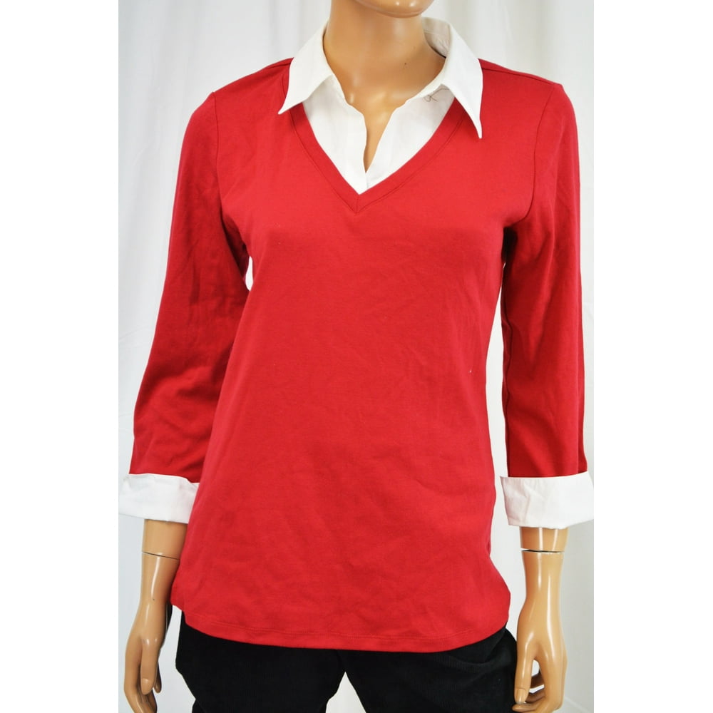 Karen Scott - Karen Scott Women 3/4 Slv Cotton Red Layered-Look Blouse ...