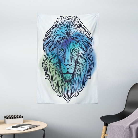 Lion Tapestry, Artistic Lion Portrait with Digital Hazy Effect King of Forest Illustration, Wall Hanging for Bedroom Living Room Dorm Decor, 40W X 60L Inches, Light Blue Turquoise, by Ambesonne