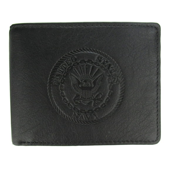 U.S. Navy Crest Bi-Fold Leather Wallet with RFID Protection - BLACK