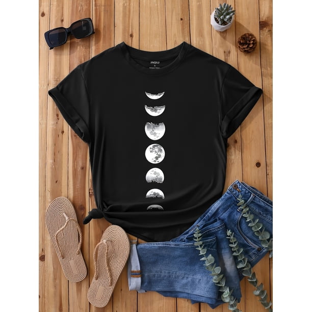 Moon Print Crew Neck T-shirt, Casual Short Sleeve T-shirt For Spring & Summer, Women's Clothing
