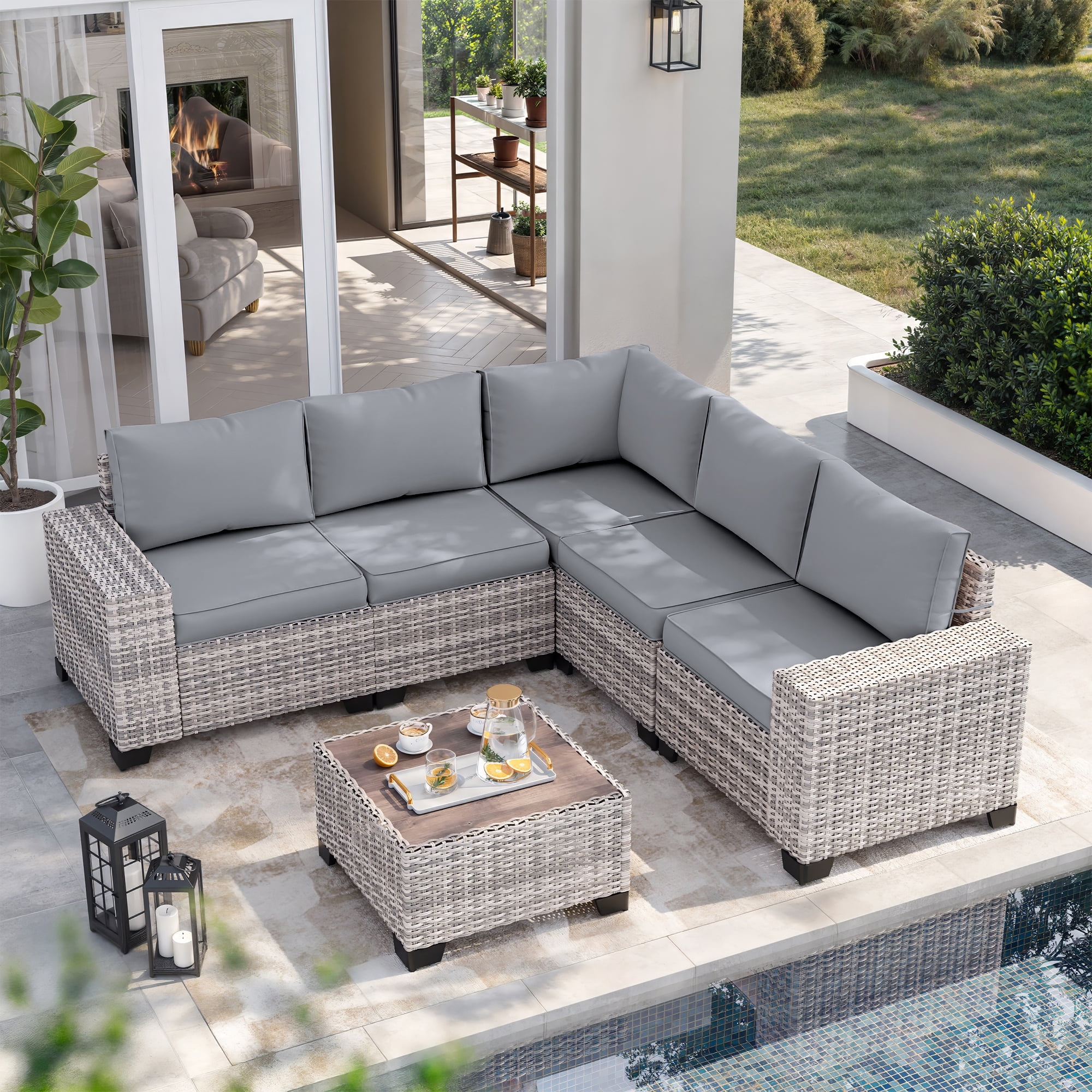 Sweecci 6 Piece Outdoor Patio Furniture Set, Ergonomic Wicker Patio Sectional Sofa with Stable Feet, 4" Cushions Conversation Set with Wood Table for Backyard Garden Deck,Grey