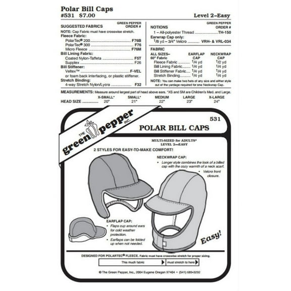 Polar Bills Cap Hat Headgear #531 Sewing Pattern (Pattern Only)