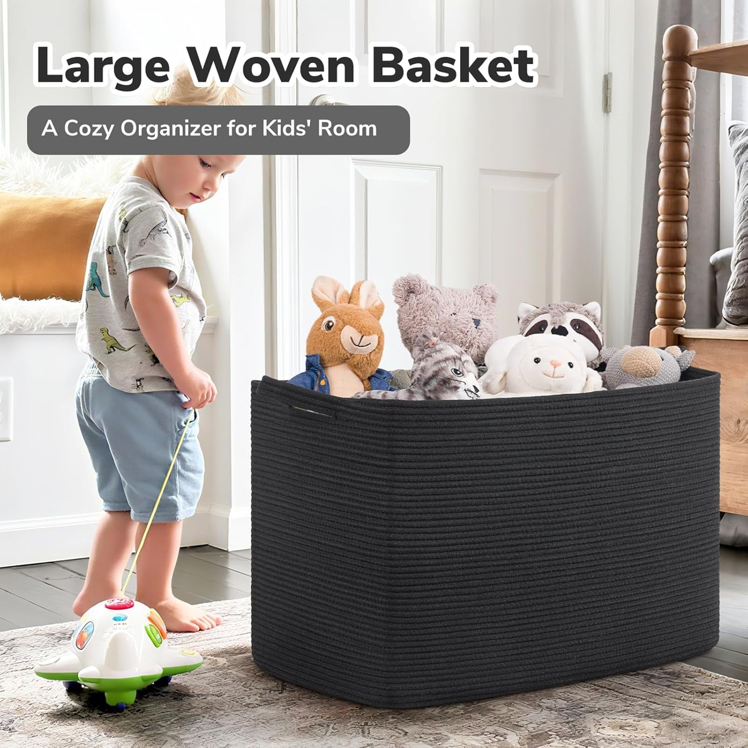 PrimeCook Shop Large Woven Storage Basket, 105L Extra Large Blanket Basket for Living Room, Bedroom, Rectangle Cotton Rope Organizer for Toy Storage, 25”x16”x16”, Black
