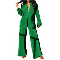 XFLWAM 2 Piece Outfit for Women Long Sleeve Button Down Shirt and Flare Pleated Wide Leg Pants Sets Casual Streetwear
