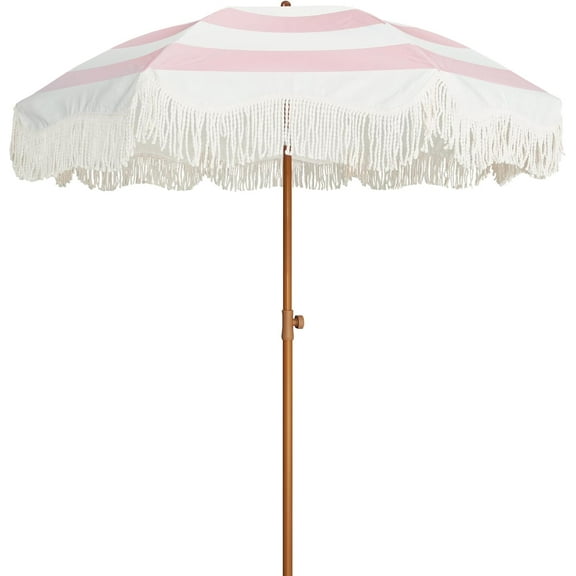 Boho Fringe Umbrella Outdoor Patio, 6.5ft UPF50 Picnic Umbrella with Tassels with Steel Pole and Push Button Tilt, Pink Stripes
