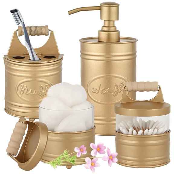 Autumn Alley Antique Gold Bathroom Accessories Set 4 - Farmhouse Soap Dispenser, Toothbrush Holder, 2 Apothecary Jars Qtip Holder - Gold Bathroom Decor – Rustic Farmhouse Bathroom Accessories