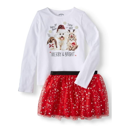 Cargo Girls Skirt - Girls' Christmas Long Sleeve Graphic Tee and Foil Mesh Skirt, 2-Piece Outfit Set
