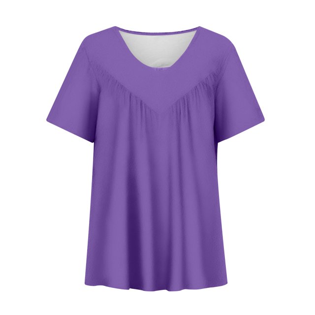 Timegard Hauts Grande Taille pour Femmes Manches Courtes Col Rond Froncé Confortable Décontracté Ample Blouse Tee Basique