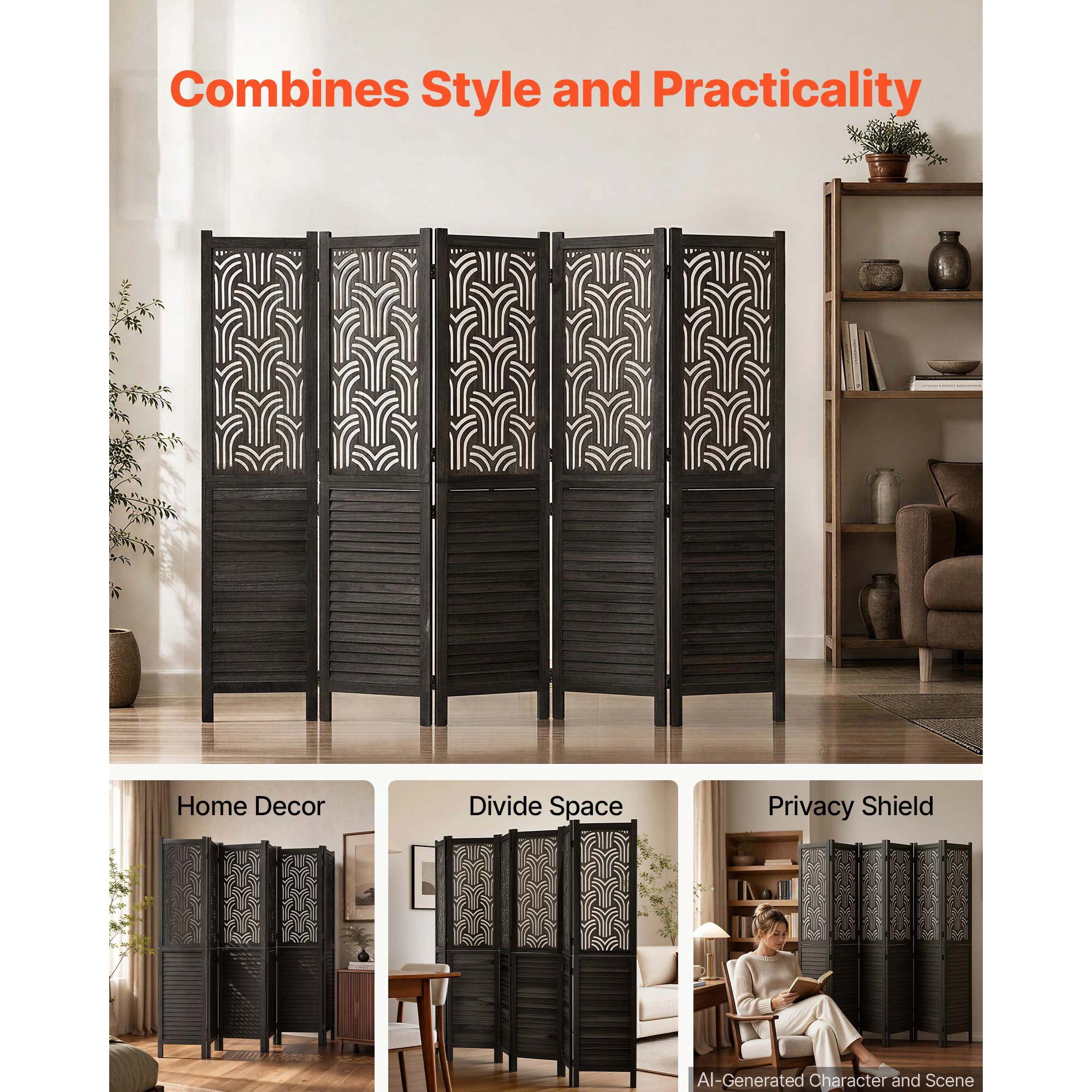KFFKFF 6-Panel Wooden Room Divider, 67-Inch Folding Privacy Screen for Home Decoration and Space Separation, Durable Frame, Two-Way Hinges, Easy Setup, Louvered Partition with Included Hardware