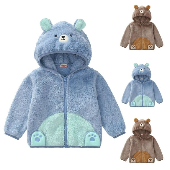 Eltusu Boys Fleece Jacket, Zip up Warm Cute Soft Outerwear with Hood Blue Size 0-4 T