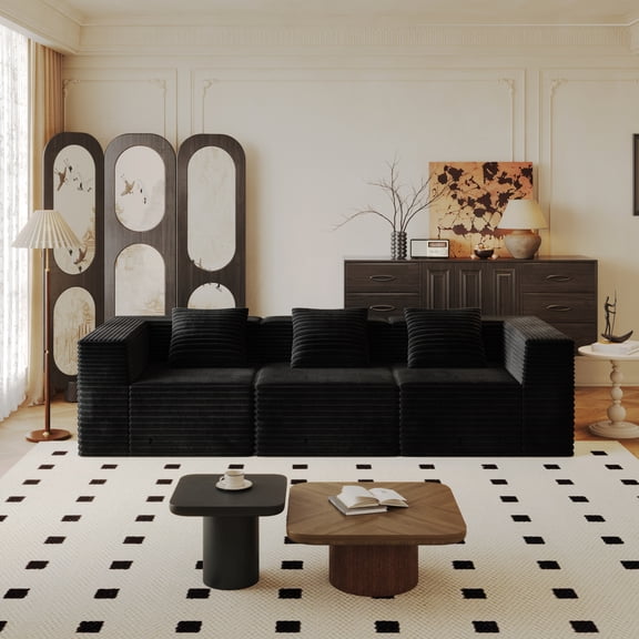 Youmumeub Modular Sectional Sofa, 3-Seat Black Corduroy Floor Couch, 107" Deep Seat Memory Foam, Minimalist Cloud Sofa for Living Room & Apartment, No Assembly