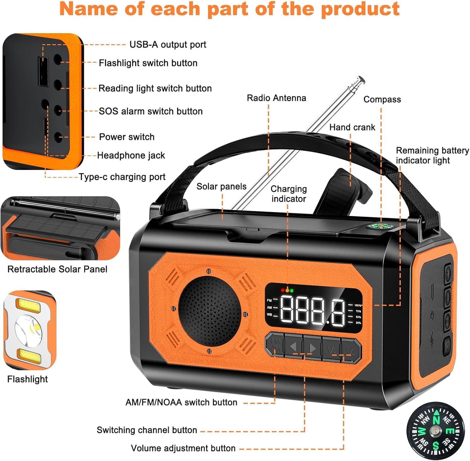 12000mAh Emergency Radio, AM/FM/NOAA Weather Alert Radio, Portable Hand Crank Radio Solar/Type-C Charging Outdoor Radio with Torch & LED Reading Lamp, SOS Alarm, Compass, Power Bank (Orange)
