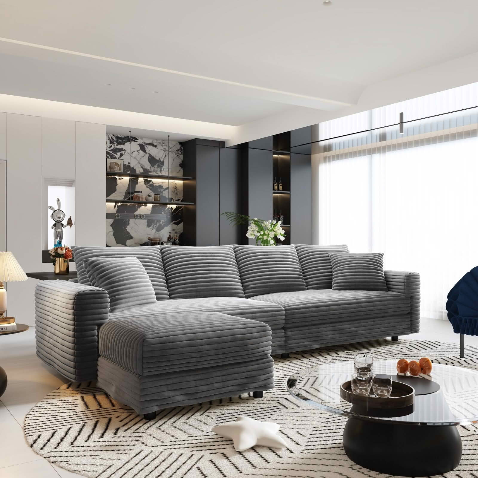 MAYEERTY 102.4" Plush Corduroy 4‑Seat Cloud Sofa, Modern Comfy Upholstered Deep Seat Couch with Soft Pillows & 2 Movable Ottomans, Convertible Sofa Lounge Chair for Living Room