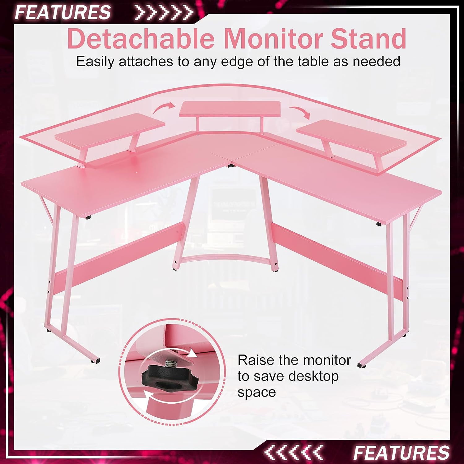 Dkelincs L Shaped Gaming Desk 50.4 inch Corner Computer Desk Table with Removable Shelf for home Office, Pink