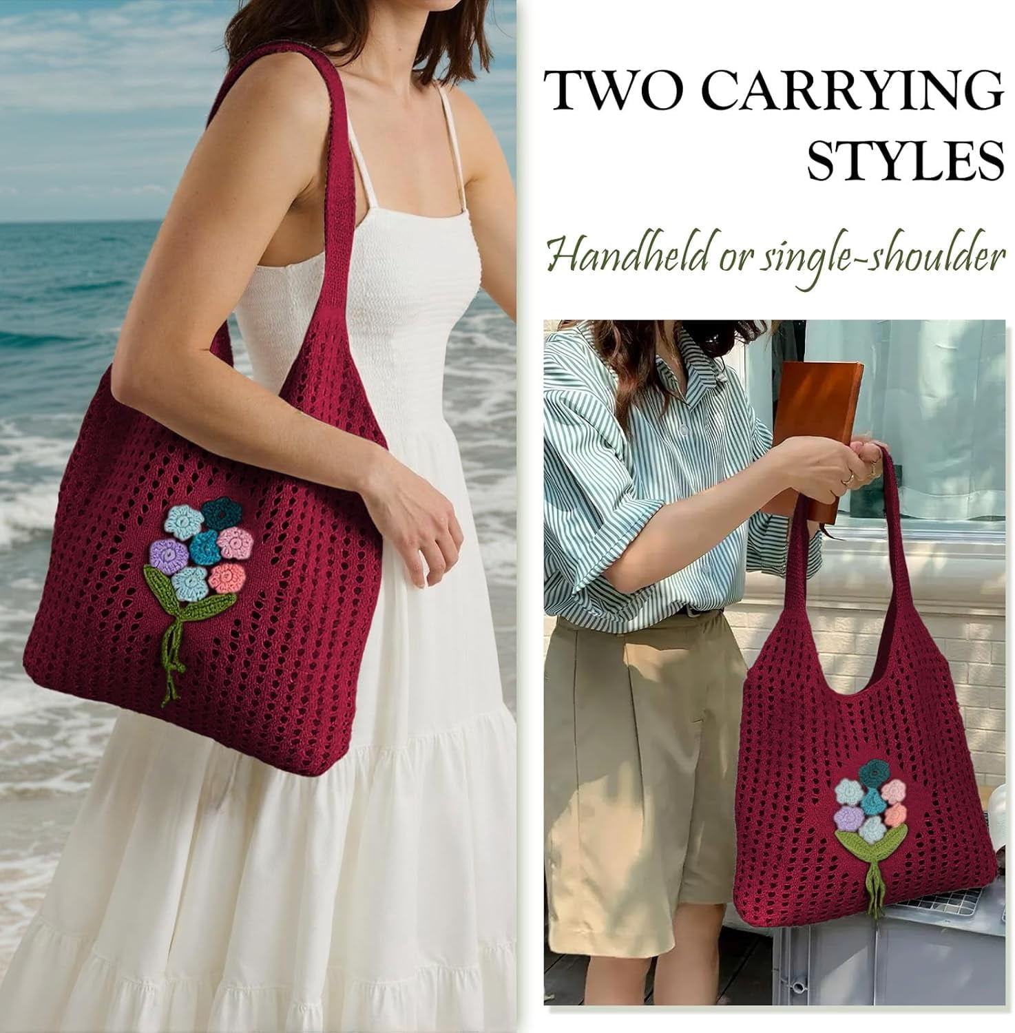 Crochet Mesh Beach Tote Shoulder Handbags Hobo for Women Summer Vacation Shoulder Bag Soft Y2k Purses for Travel