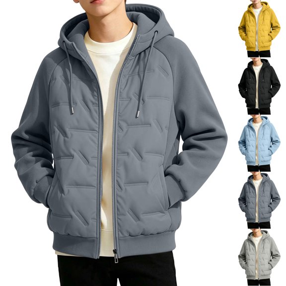 YUANxueke Boys Zip Up Thickened Coat, Long Sleeve Puffer Jacket with Drawstring Hood, Winter Warm Casual Outerwear