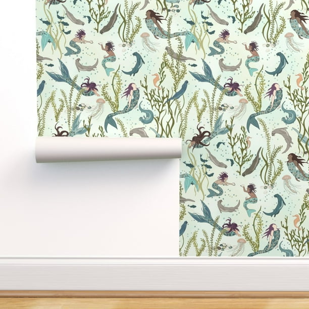PeelandStick Removable Wallpaper Large Scale Mermaid Green Undersea