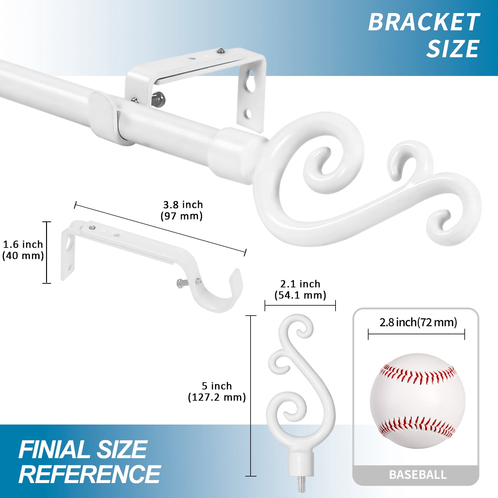 Urbanest Scroll Designer Single Curtain Rod – Decorative Metal Finials, 5/8" Diamter Drapery Hardware Set Window Treatments, 84" to 120", Glossy White