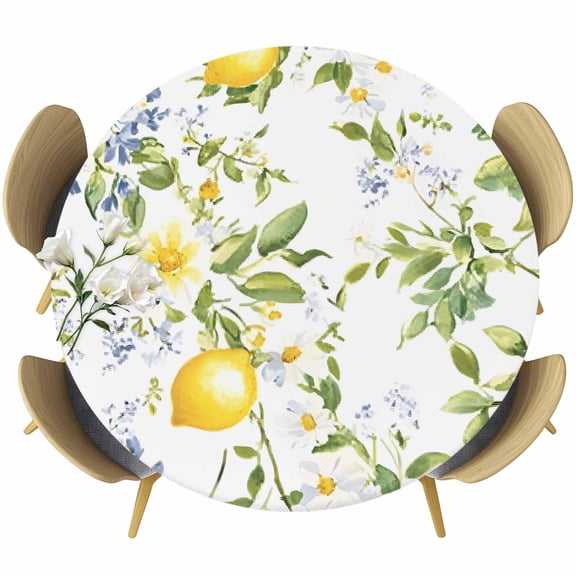 Round Table Cover 45-54 Inch Summer Lemon Waterproof Reusable Table Cloth Round Fitted Vinyl Tablecloth with Elastic Edged for Parties Outdoors, Watercolor Yellow Spring Floral Botanical