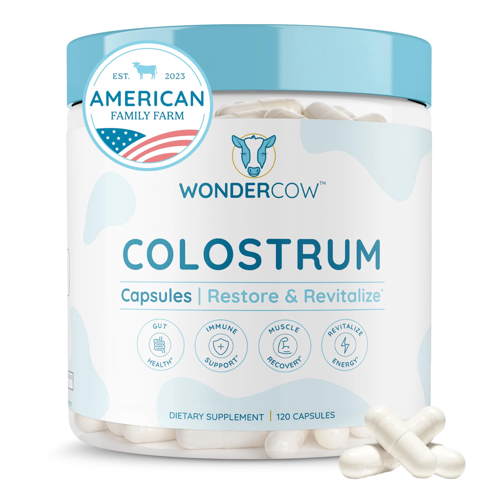 WONDERCOW Colostrum Capsules Supplement for Gut Health, Immune Support, Muscle Recovery & Wellness | Natural IgG Pure Whole Bovine Colostrum Superfood, Unflavored, 30 Servings