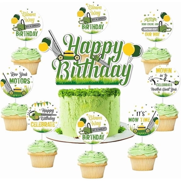 Lawnmower Birthday Cake Toppers Mower Happy Birthday Party Decoration Green Tractor Decor for Boys Farm Temed Tractor Time Party Supplies