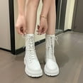 thumbnail image 2 of Rokment Womens Platform Mid Calf Combat Boots Vintage Gothic Leather Lace up Chunky Mid Heel Riding Short Booties White Size 8.5, 2 of 6
