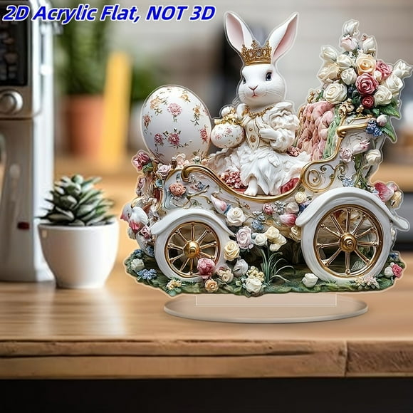 Easter Bunny Table Centerpieces,Easter Bunny Flowers Egg Carriage Acrylic Signs Desktop Easter Bunny Egg Ornament Statue Easter Gift for Shelves Table Party Spring White Rabbit Statue Desktop Decor