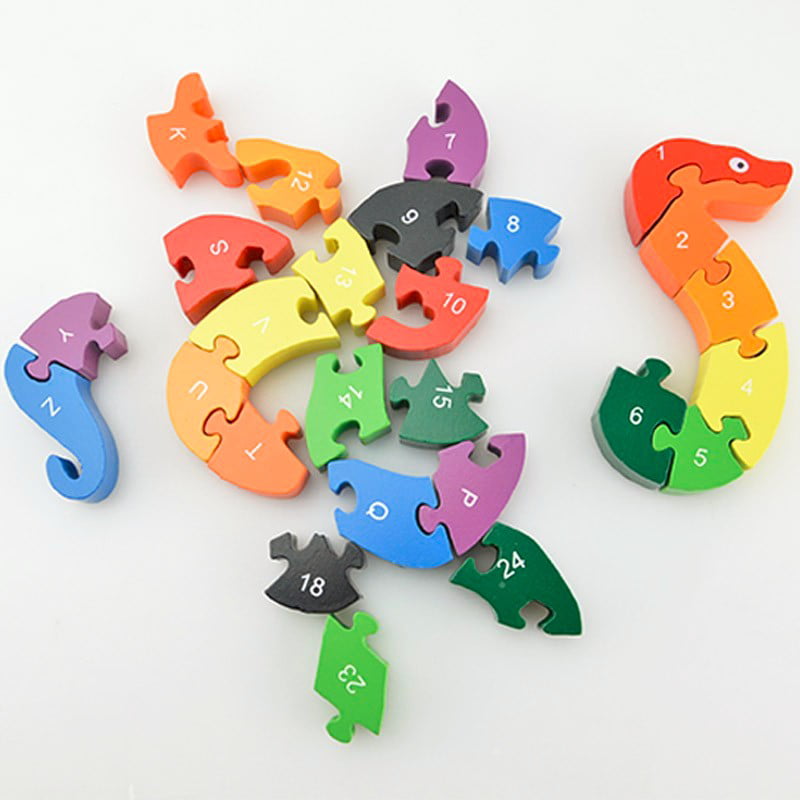 Childrens Puzzles Age 3 Snake Wooden New 26pcs Educational Baby Toys Wooden Number Puzzle Jigsaw Puzzles Winding Animal Big Snake Toys Letter & Numbers Puzzles Educational Toys for Toddlers Children BayShow 