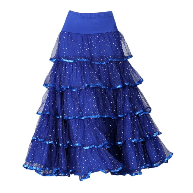 Falda flamenca de baile de salón con lentejuelas swing completo falda de malla trajes de vals azul Sunnimix Vestido de falda de baile de salón