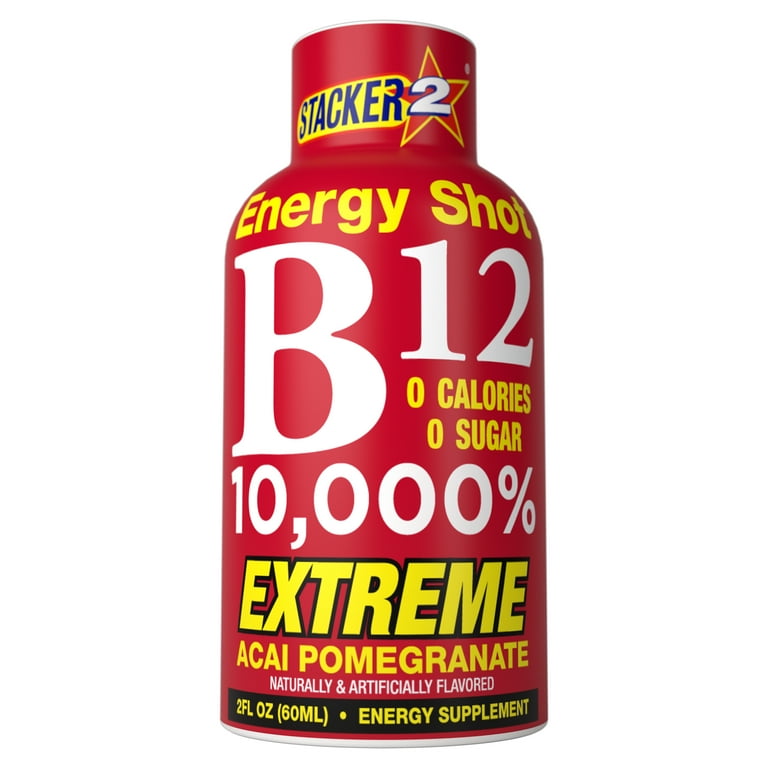 Stacker 2 B12 10,000% Energy Shot Acai Pomegranate, 2 fl oz, 6