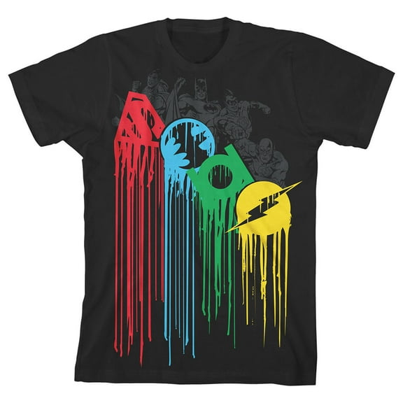Justice League Logos Paint Dripping Youth Boys Black T-Shirt-XS