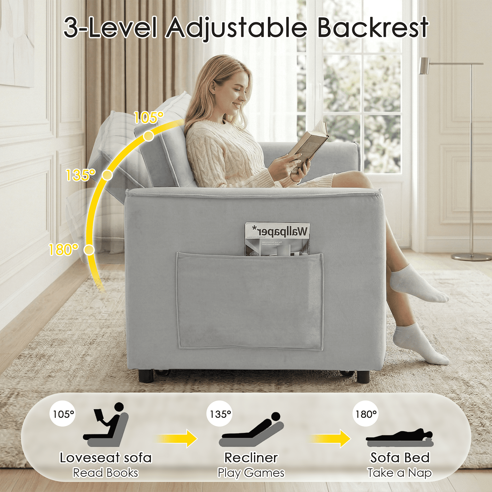 Amuille 3 in 1 Convertible Sleeper Sofa Bed, 54" Velvet Fabric Loveseat, Pull Out Couch for Living Room and Apartment (Light Gray)