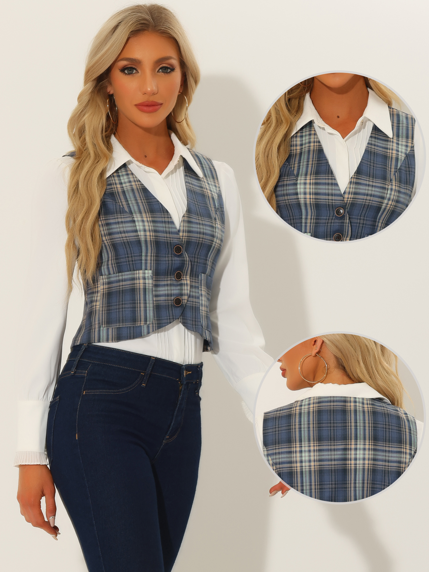 DARING DIVA Women's Plaid Single Breasted Sleeveless Racerback Waistcoat L Grey Blue