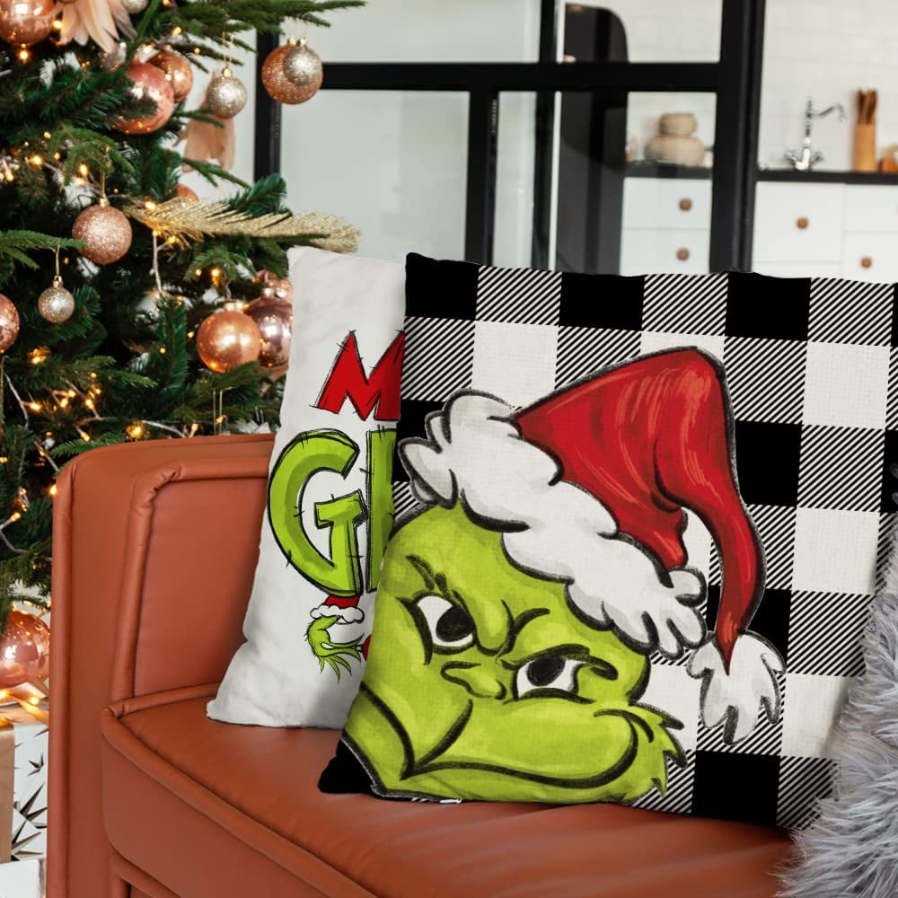 HTOOQ Christmas Pillow Covers 20x20 Set of 4 for Christmas Decorations Black and White Buffalo Plaid Grinch Christmas Pillows Winter Holiday Throw Pillows Christmas Farmhouse Decor for Couch A441 20 W...