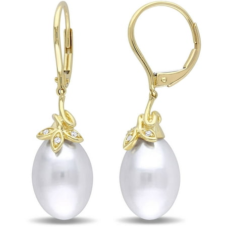 Miabella 9-10mm White Rice Cultured Freshwater Pearl and Diamond-Accent 10kt Yellow Gold Leverback Earrings
