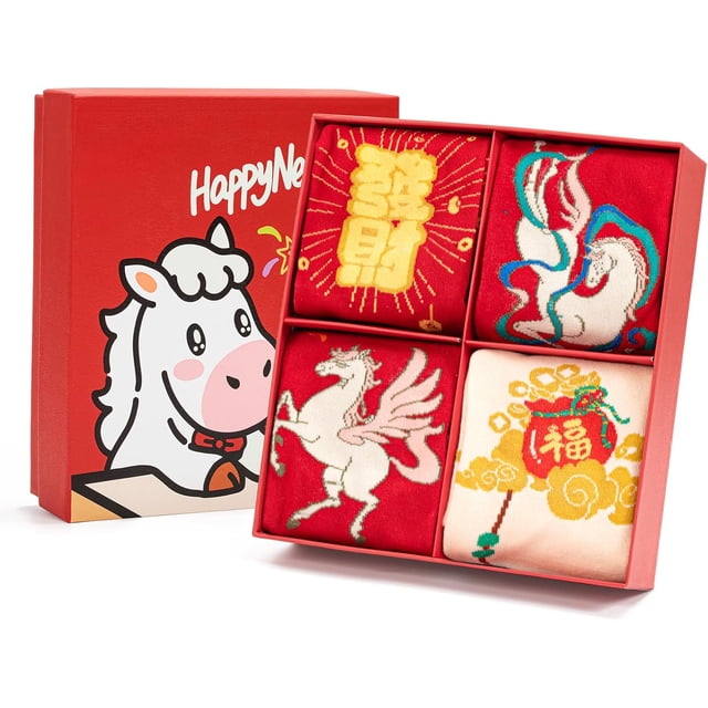 Chaussettes Rouges du Nouvel An Chinois, 4 Paires de Chaussettes Rouges Hommes Femmes, Chaussettes Porte-Bonheur 2025 Année du Cheval, Chaussettes en Coton pour le Festival du Printemps.,C,5.5-10