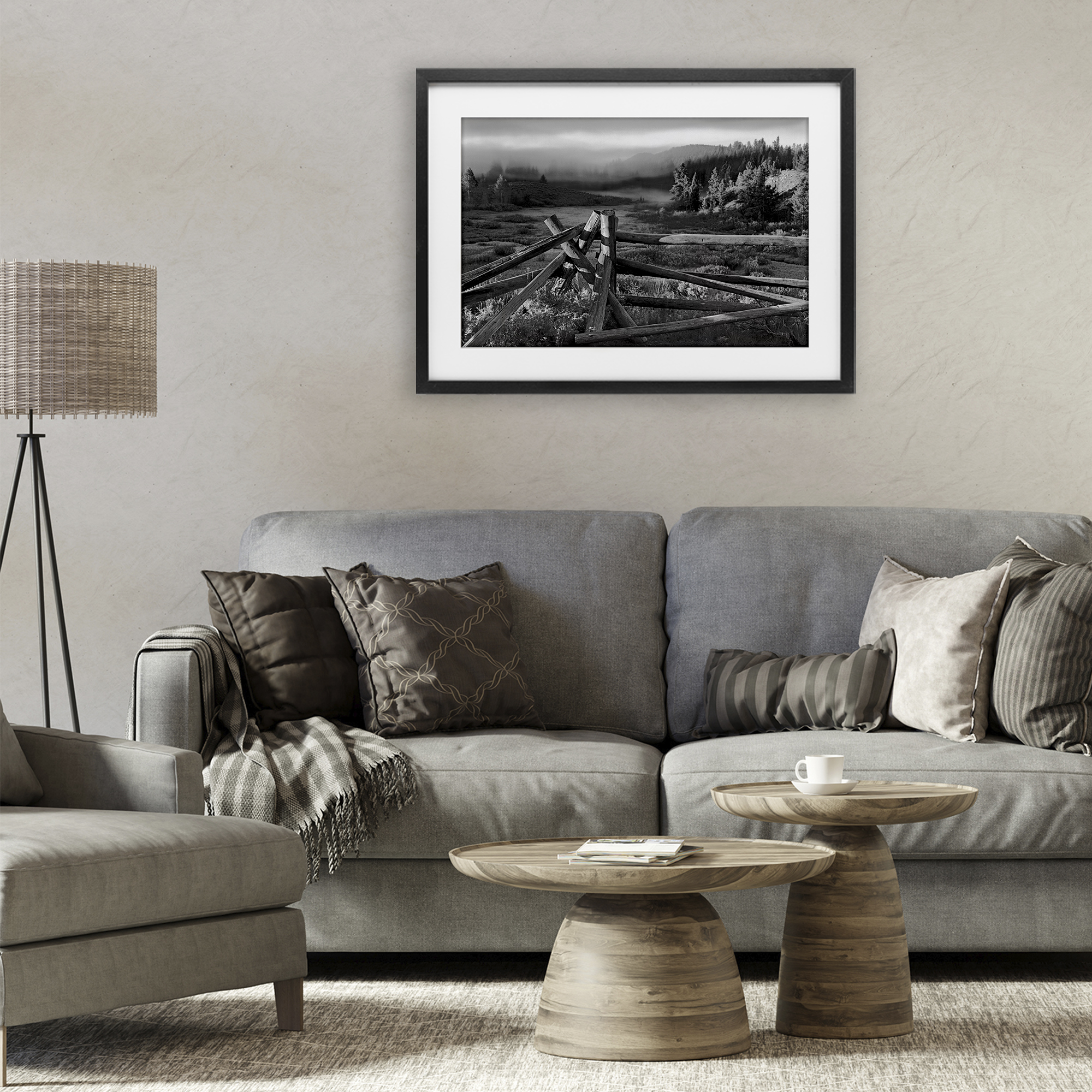 Grand Tetons Fence Beyond Black Framed Print Under Glass, design by MJ Photography