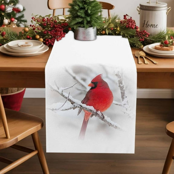 Burlap Table Runner 36 Inches Long,Christmas Cardinal Bird Non-Slip Kitchen Table Runners for Dining Room Everyday Use Party Table Decorations Winter Snow Branch