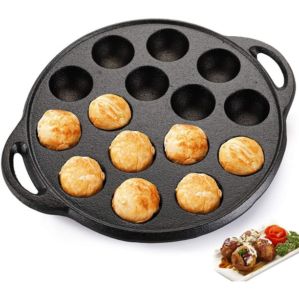 WUWEOT Cast Iron Aebleskiver Pan, 2 Poffertjes Danish Pancake Balls  Griddle, 7 Hole NonStick Ebelskiver Pan, Half Sphere Takoyaki Maker with  Turn