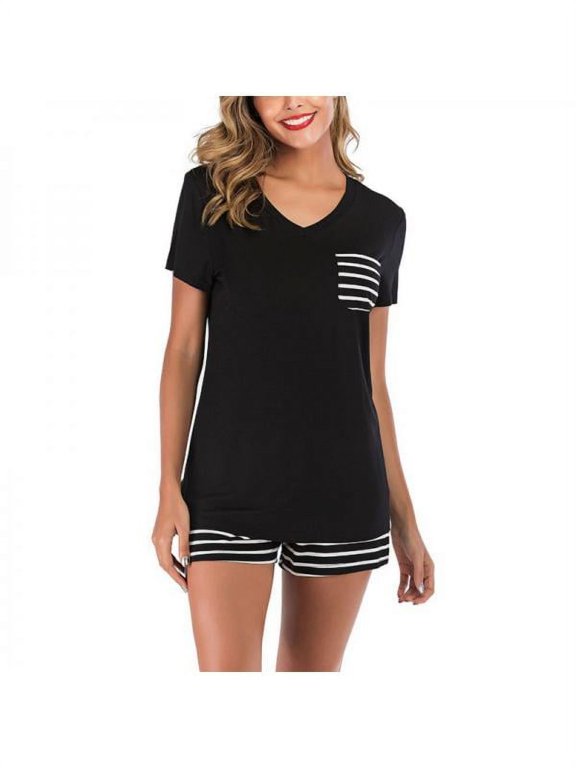 Summer 2021 Pajamas Striped V-neck Short Sleeve Shorts Two-piece Suit Home Service Women Tracksuit