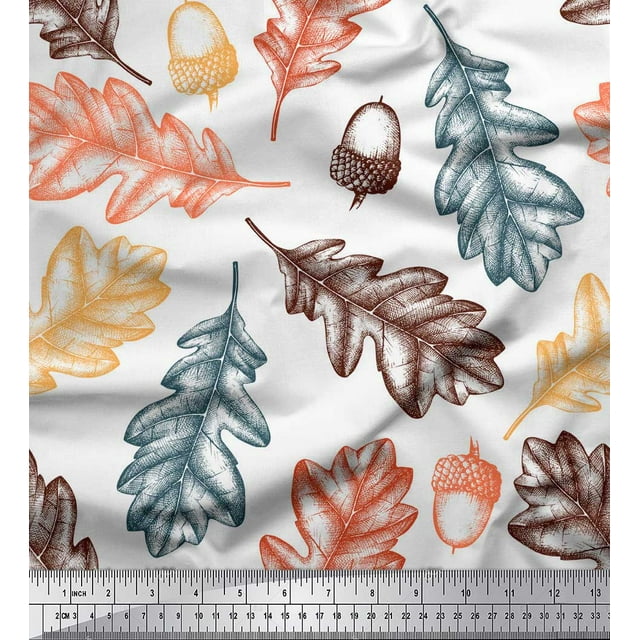 Soimoi White Rayon Crepe Fabric Oaknut & Oak Leaves Printed Fabric 1 Yard 46 Inch Wide